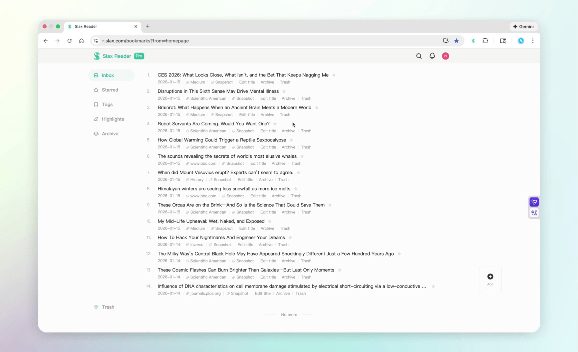 Permanent HTML snapshot of a web article in Slax Reader